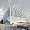 3D-Visualisierung eines Gebäudes vor bewölktem Himmel, im Vordergrund gehen Menschen, Bäume sind rechts und link erkennbar