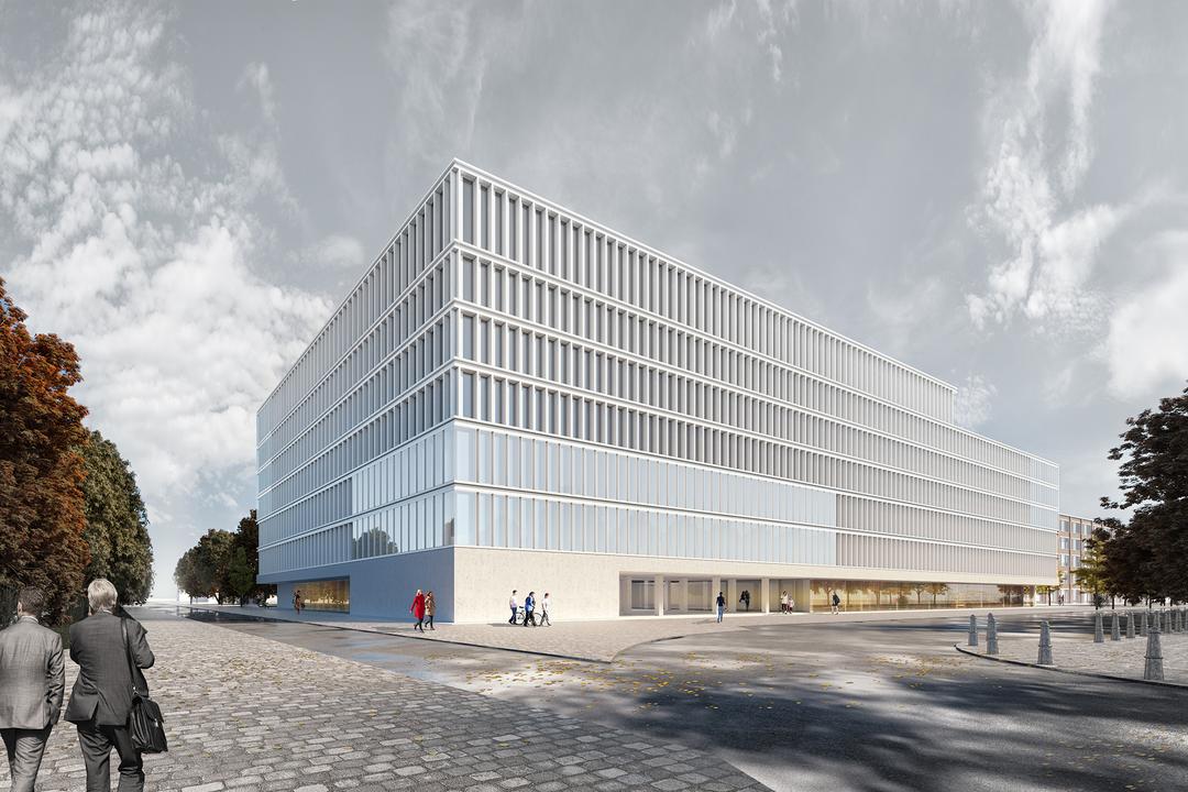 3D-Visualisierung eines Gebäudes vor bewölktem Himmel, im Vordergrund gehen Menschen, Bäume sind rechts und link erkennbar