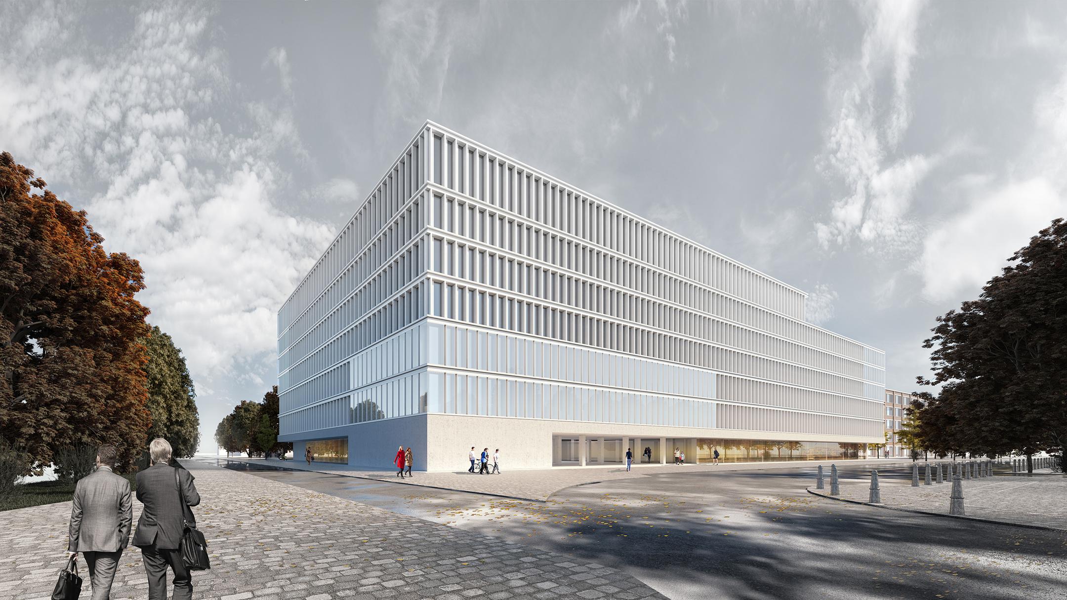 3D-Visualisierung eines Gebäudes vor bewölktem Himmel, im Vordergrund gehen Menschen, Bäume sind rechts und link erkennbar