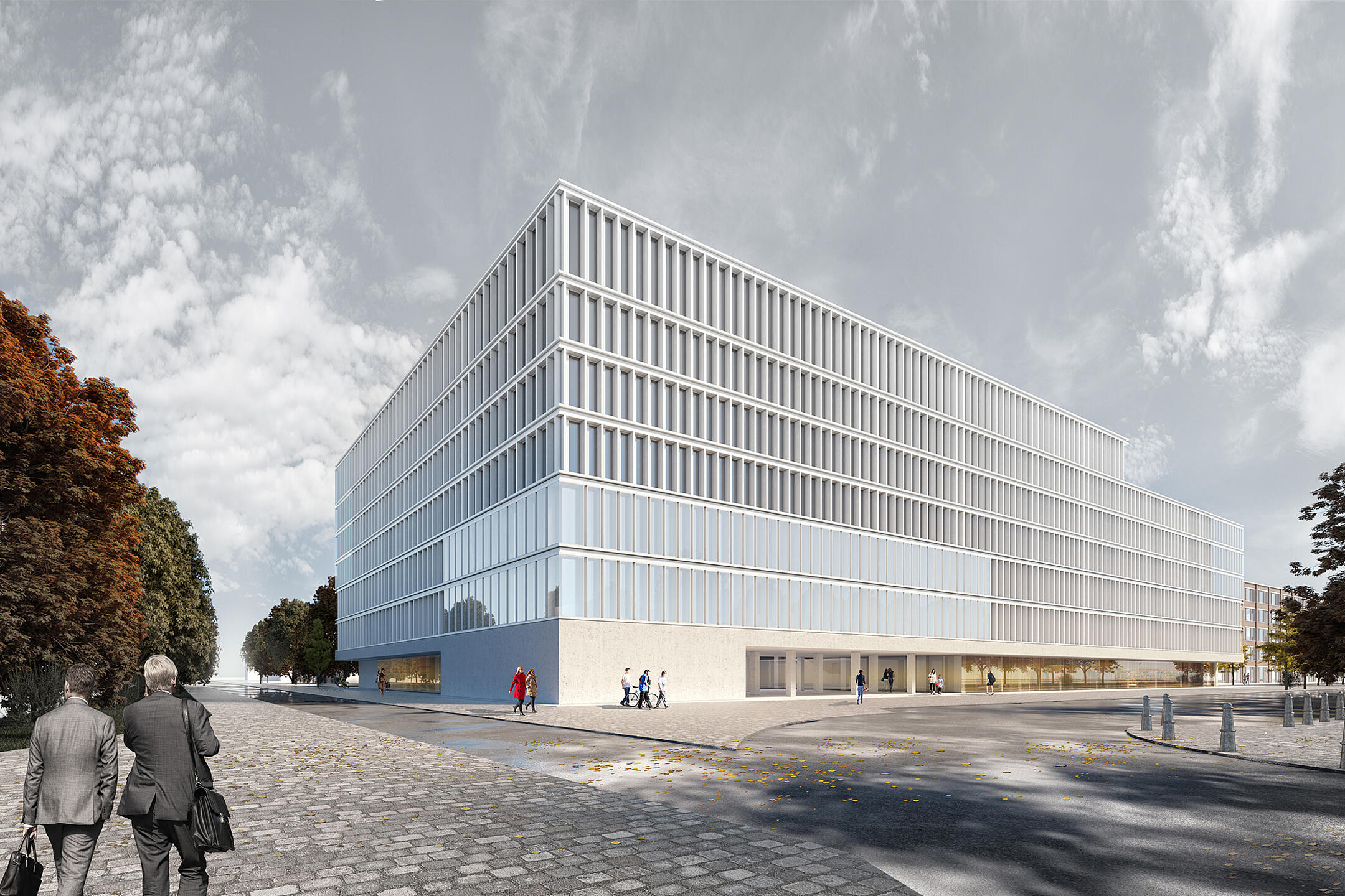 3D-Visualisierung eines Gebäudes vor bewölktem Himmel, im Vordergrund gehen Menschen, Bäume sind rechts und link erkennbar