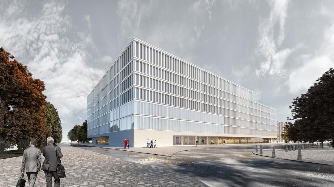 3D-Visualisierung eines Gebäudes vor bewölktem Himmel, im Vordergrund gehen Menschen, Bäume sind rechts und link erkennbar