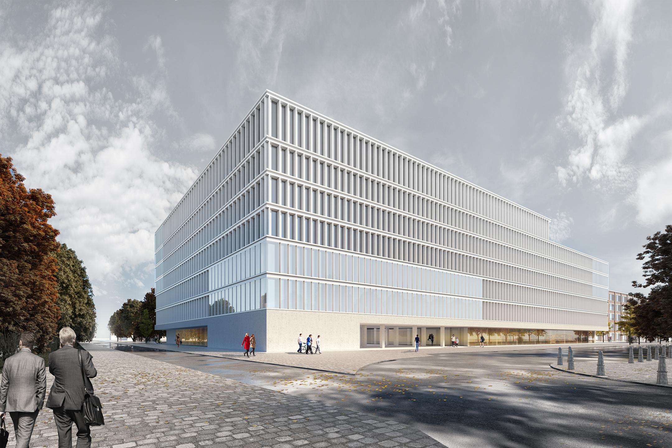 3D-Visualisierung eines Gebäudes vor bewölktem Himmel, im Vordergrund gehen Menschen, Bäume sind rechts und link erkennbar