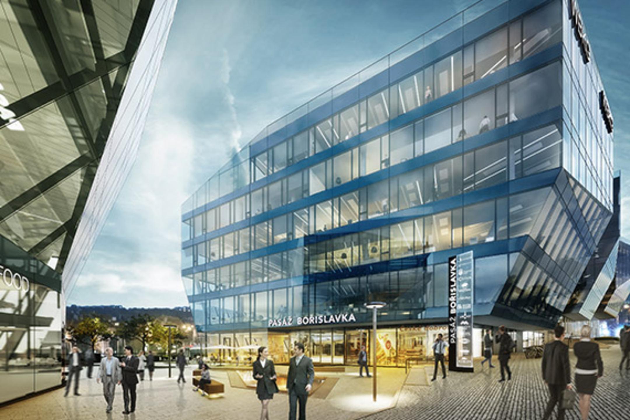Eine futuristisch anmutende Gruppe von komplett verglasten Gebäuden vor einem aufgewühlten Himmel, davor ein belebter Platz mit Menschen.