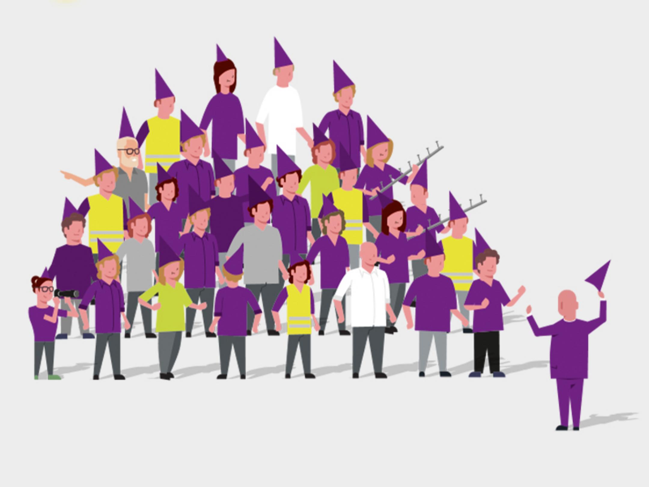 Eine Grafik mit Weihnachtswichteln in Pohlcon-Farben. Sie bilden einen Chor mit einem Dirigenten