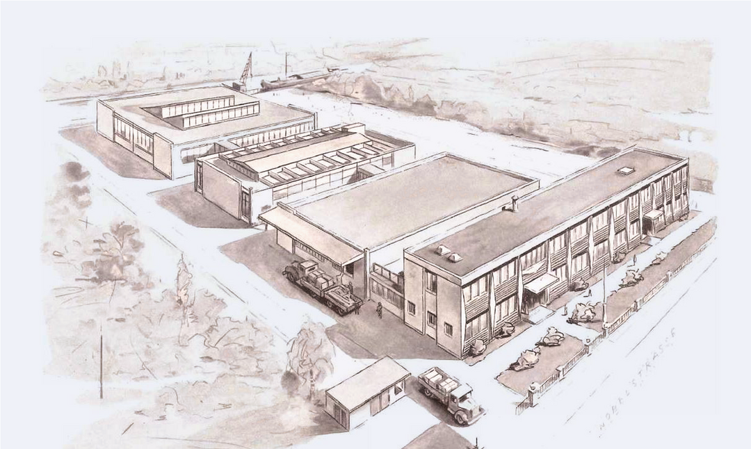 Zeichnung des ursprünglichen Hauptgebäudes mit angeschlossenem Werk von PohlCon, damals noch PUK-WERKE KG