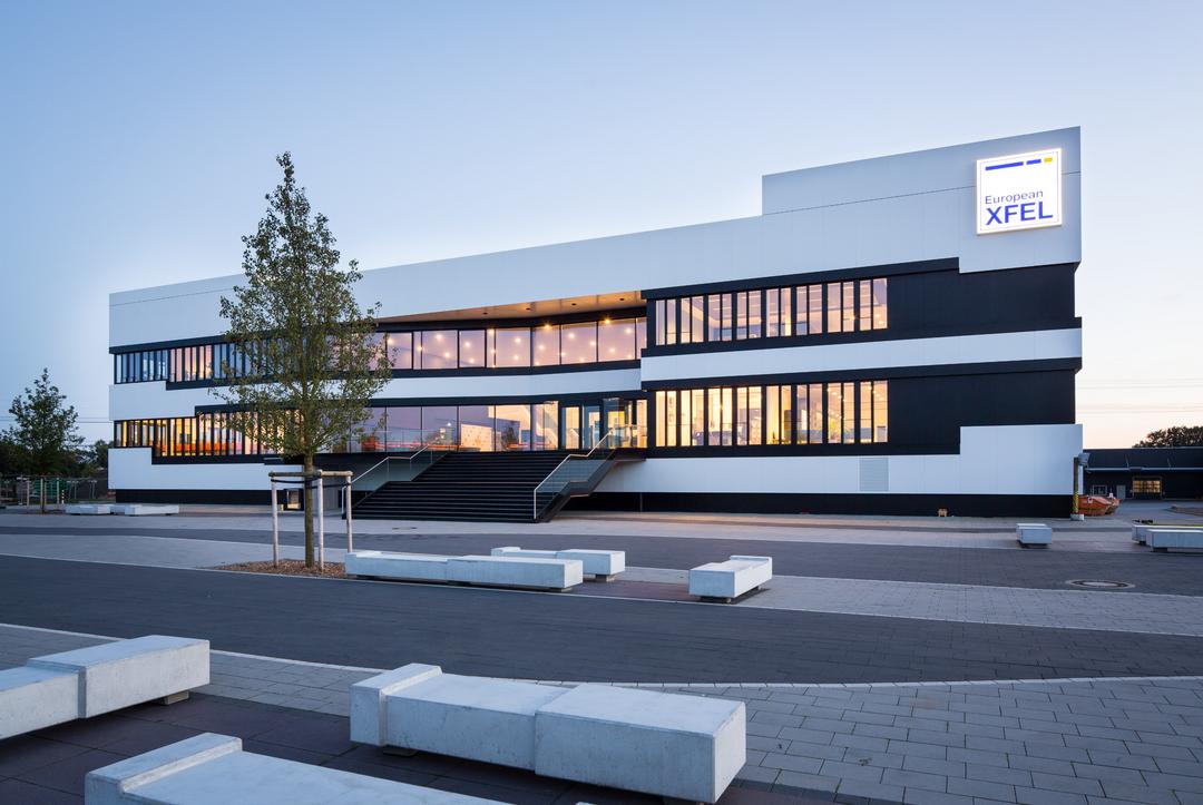 Das moderne, weiße Gebäude der XFEL-Forschungsanlage von außen, im Vordergrund ein einzelner Nadelbaum. XFEL steht für X-Ray Free-Electron Laser Facility.
