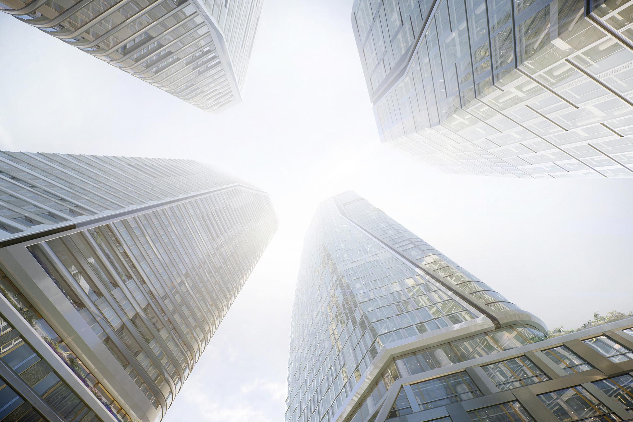 Die fertigen Hochhäuser von unten betrachtet.