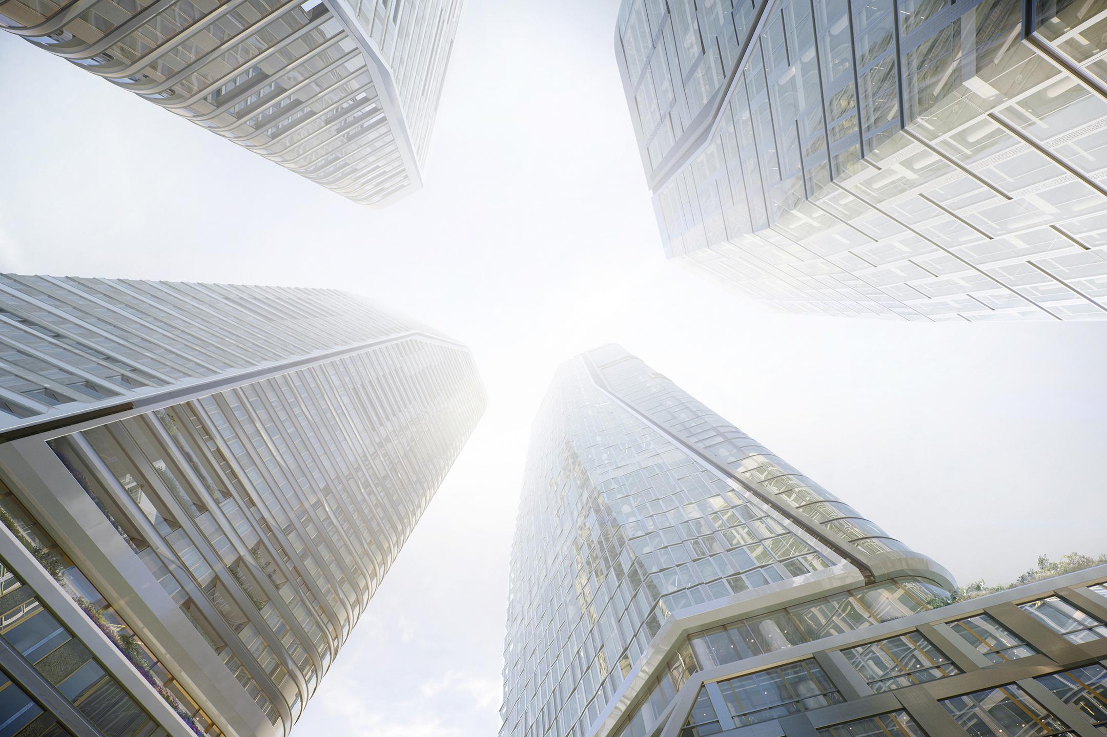 Die fertigen Hochhäuser von unten betrachtet.