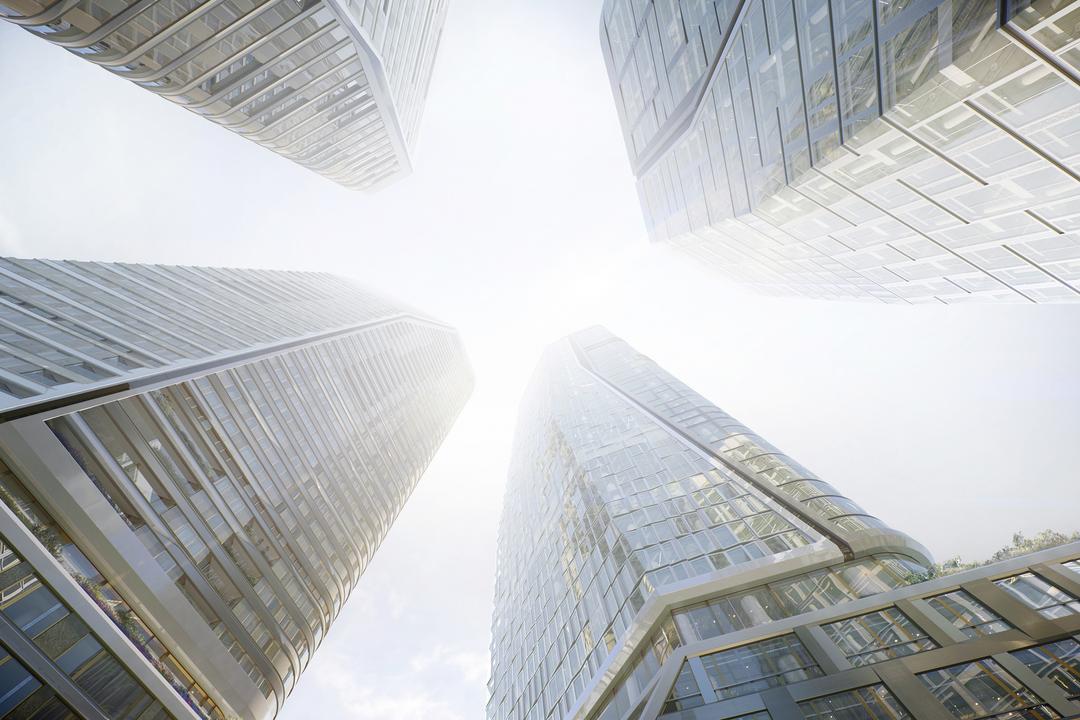 Die fertigen Hochhäuser von unten betrachtet.