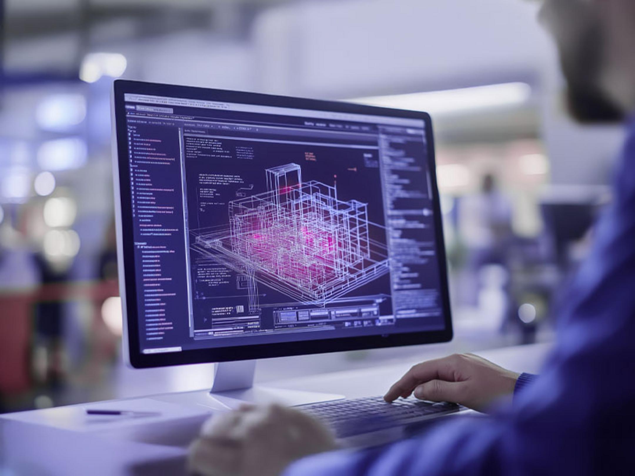 Blick auf einen Monitor, vor dem eine Person am Tisch sitzt. Auf dem Monitor ist in warmen Lila- und Rosa-Tönen eine komplexe Software abgebildet, in der gerade ein Bauwerk geplant wird.