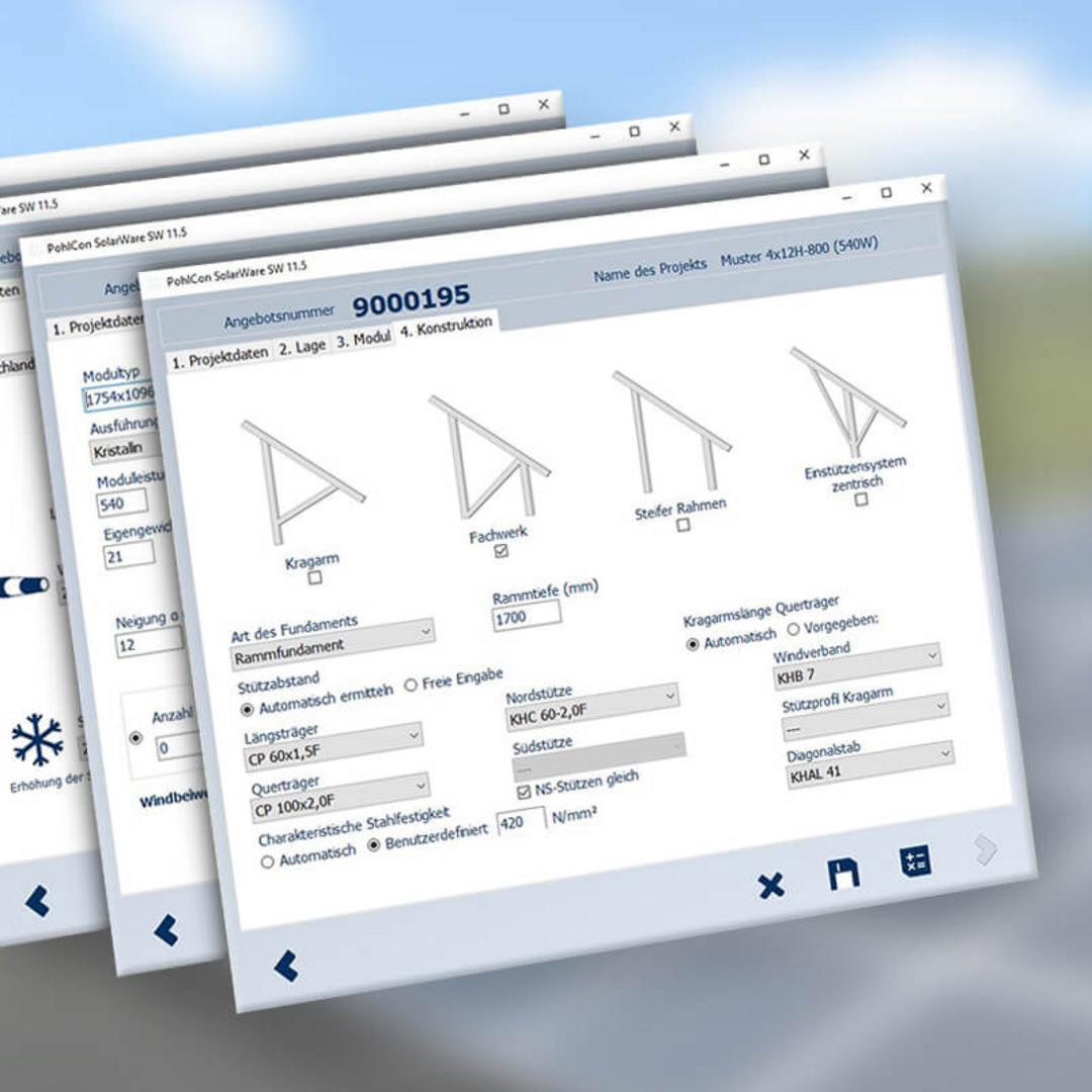 Screenshot der PohlCon SolarWare Software mit Eingabemaske und Ergebnisdokument zur Auslegung einer PV-Unterkonstruktion.