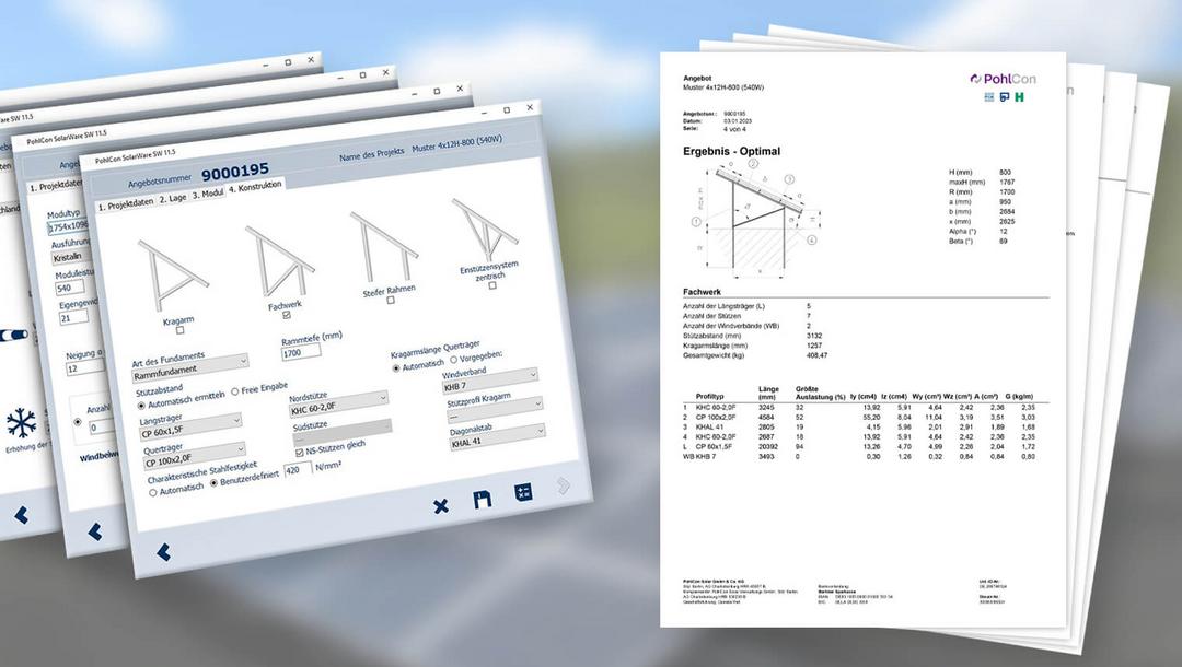 Screenshot der PohlCon SolarWare Software mit Eingabemaske und Ergebnisdokument zur Auslegung einer PV-Unterkonstruktion.