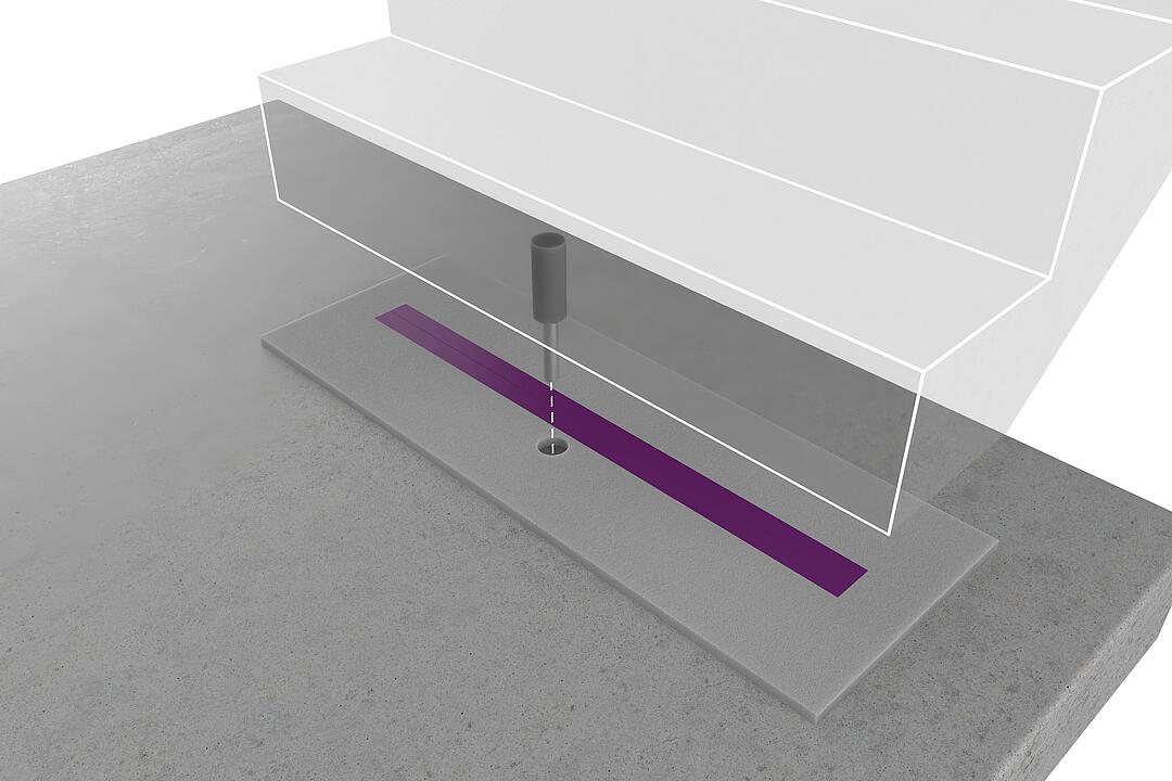 Rendering eines Treppenfußes mit Trittschalldämmelement und innenliegendem Dorn