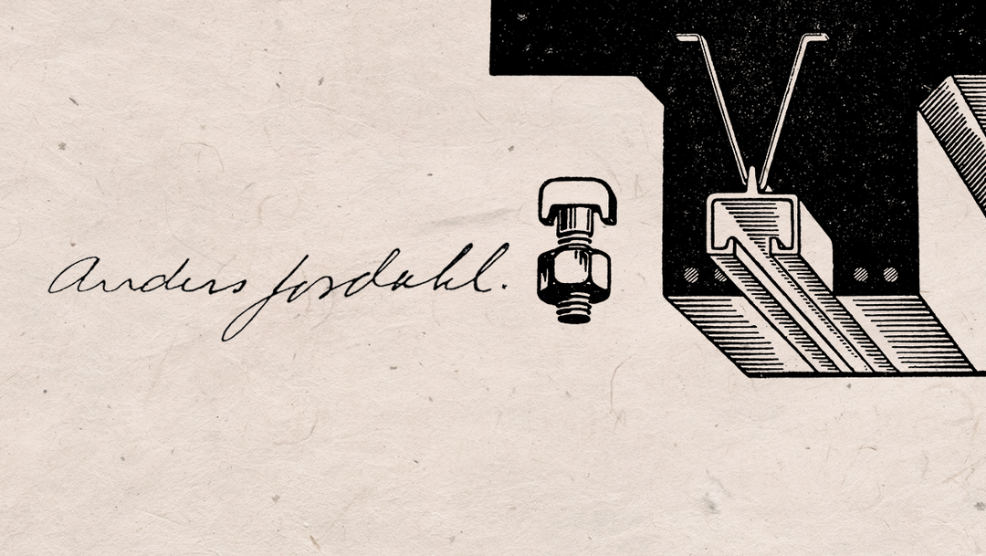 Zeichnung einer Ankerschiene nebst passender Hakenkopfschraube mit Unterschrift ihres Erfinders Anders Jordahl