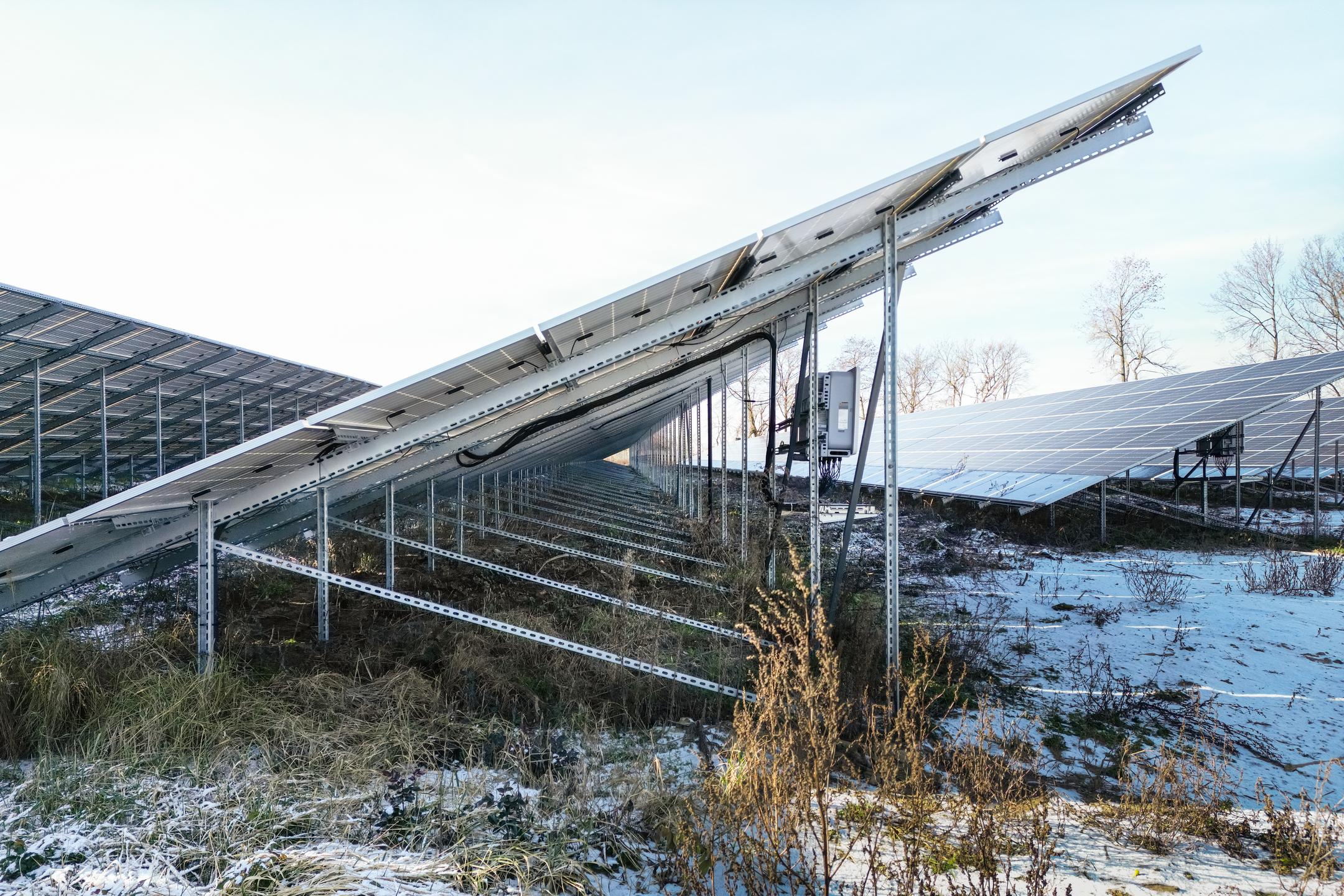 Schneebedeckte Photovoltaik-Freiflächenanlage mit Unterkonstruktion und sichtbarer Verkabelung.