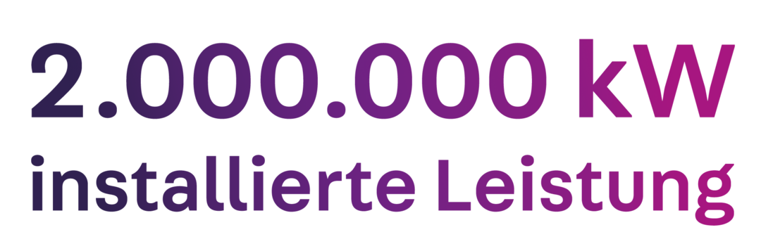 Schriftzug „200.000 kW installierte Leistung“ in einem lila-pinken Farbverlauf als grafische Darstellung.