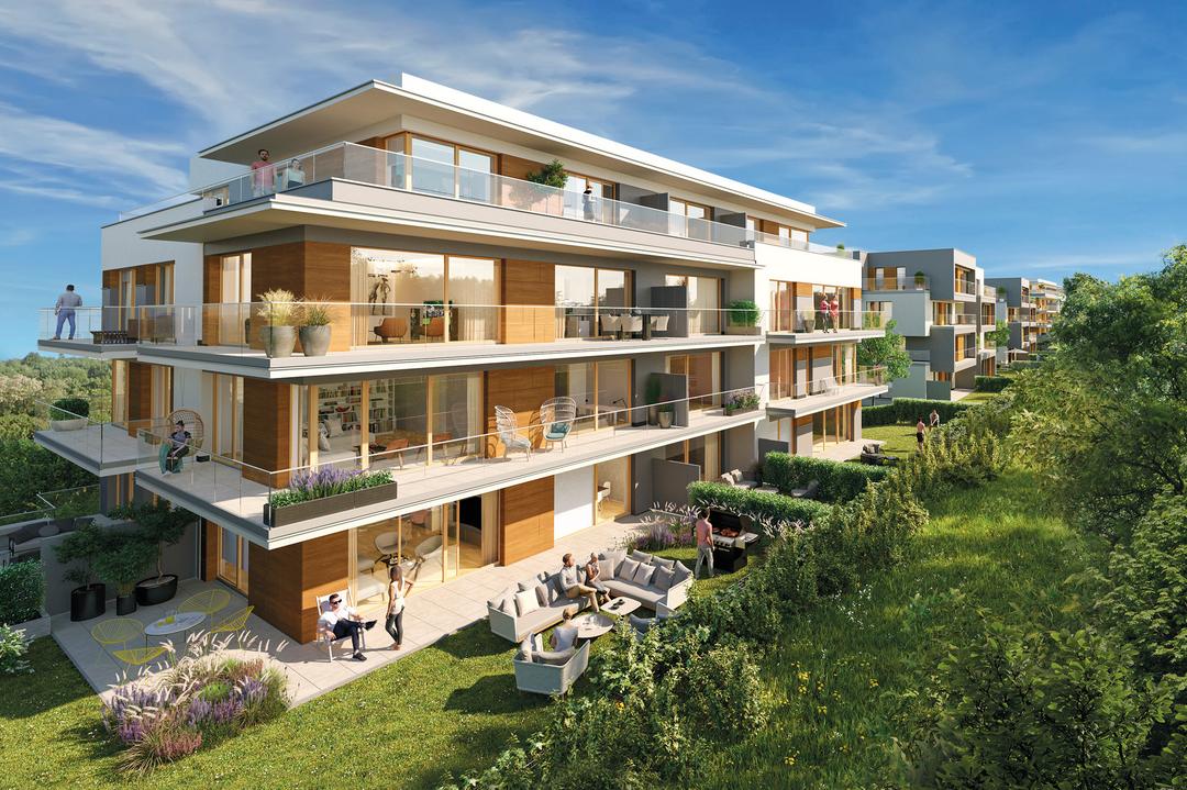 3D-Visualisierung einer modernen Wohnanlage mit großzügigen Balkonen, Terrassen und grünen Außenflächen