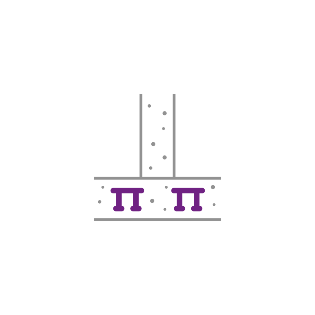 Icon zeigt zwei lila Durchstanzbewehrungen unter einer Betonplatte zur Verstärkung eines vertikalen Bauteils.