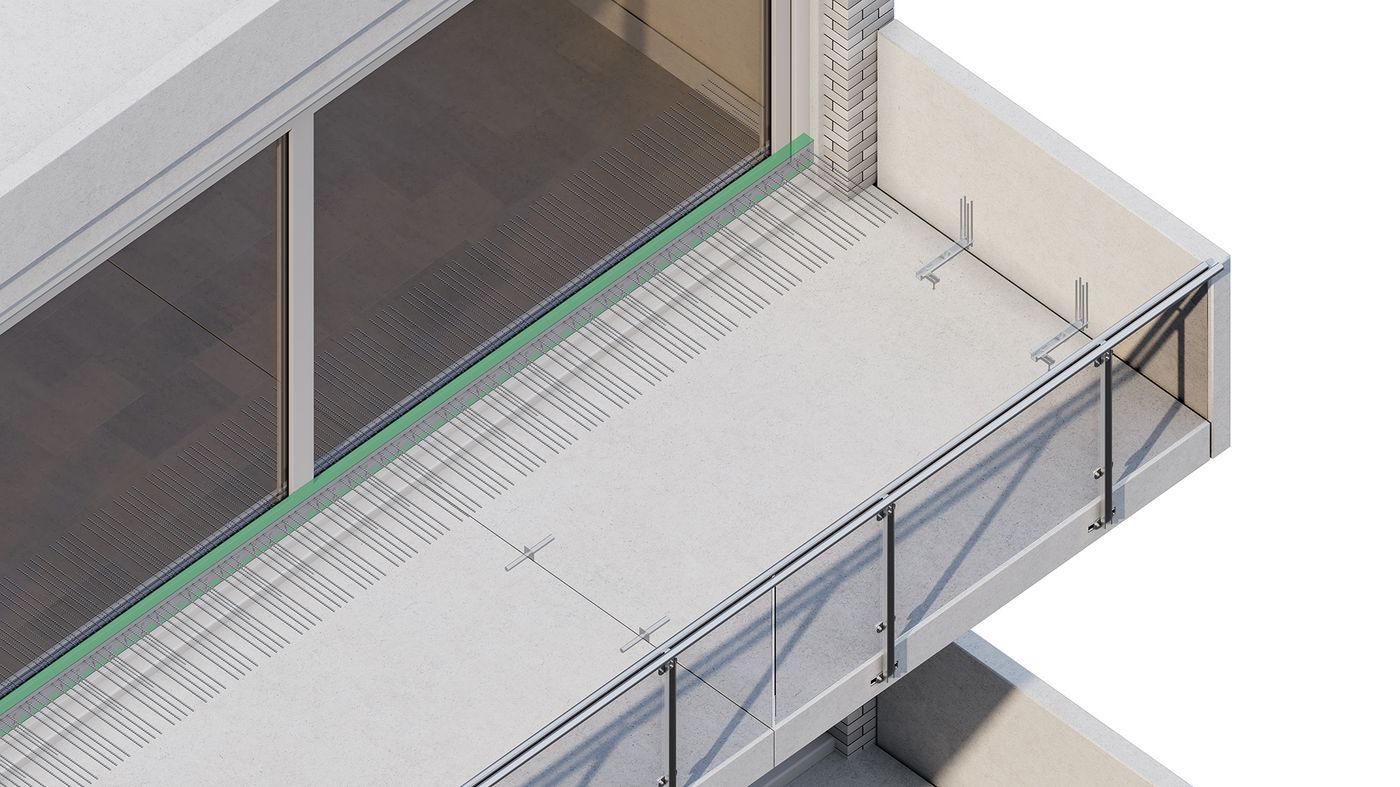 Simulation of the installation of ISOPRO 120 from PohlCon as a thermal insulation element for balcony construction
