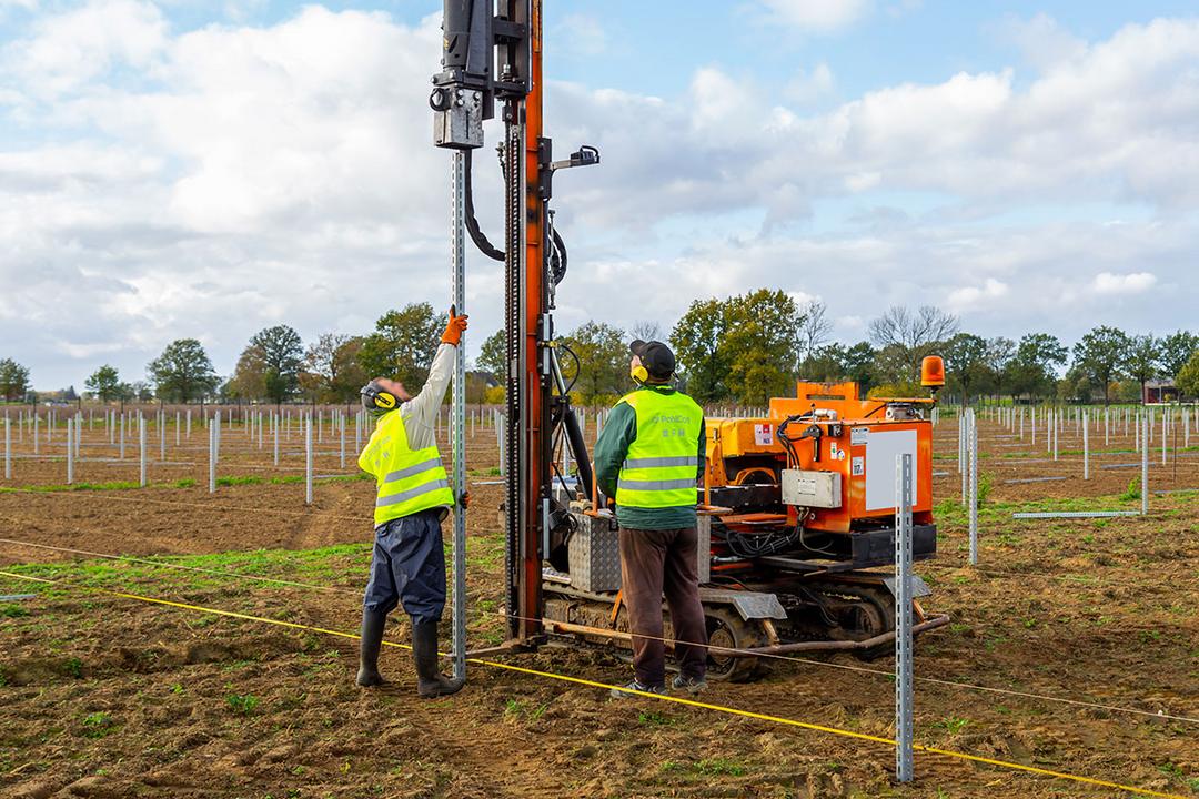 Arbeiter bei der Rammung von Stützprofilen in einem Solarpark, unterstützt durch eine Maschine