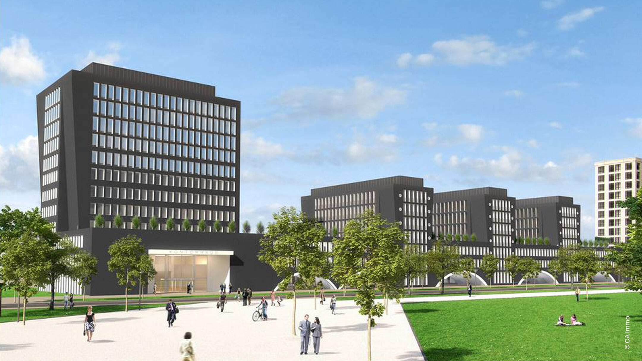3D-Visualisierung zeigt schwarze Gebäude mit Fensterfronten, angrenzend an einen Park, der mit Menschen gefüllt ist, Bäume stehen am Wegesrand