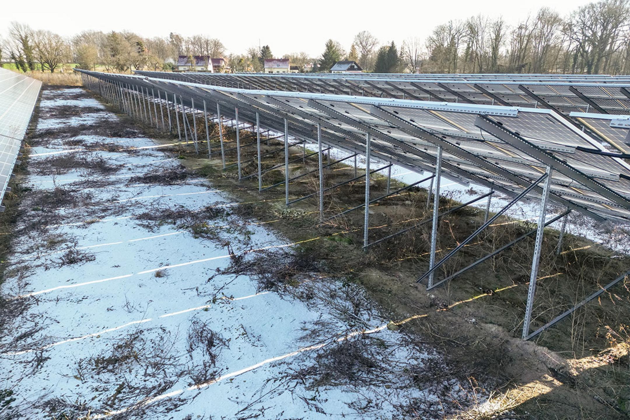 Blick unter die Solarpanele, Stützen sind erkennbar, schneebedeckter Boden, Bäume und Gebäude im Hintergrund