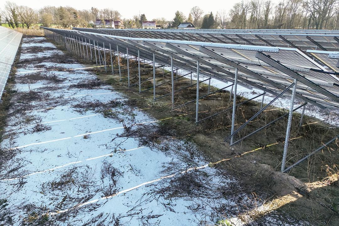 Blick unter die Solarpanele, Stützen sind erkennbar, schneebedeckter Boden, Bäume und Gebäude im Hintergrund