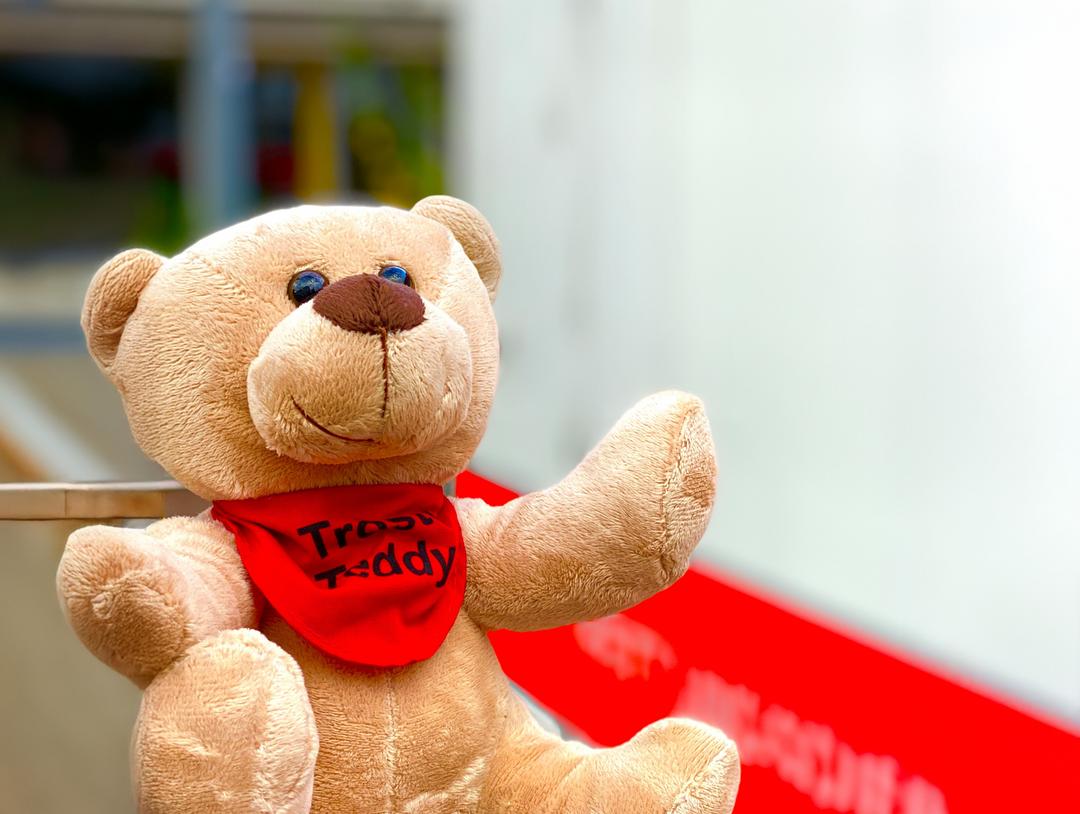 Ein Teddybär mit einem roten Halstuch.