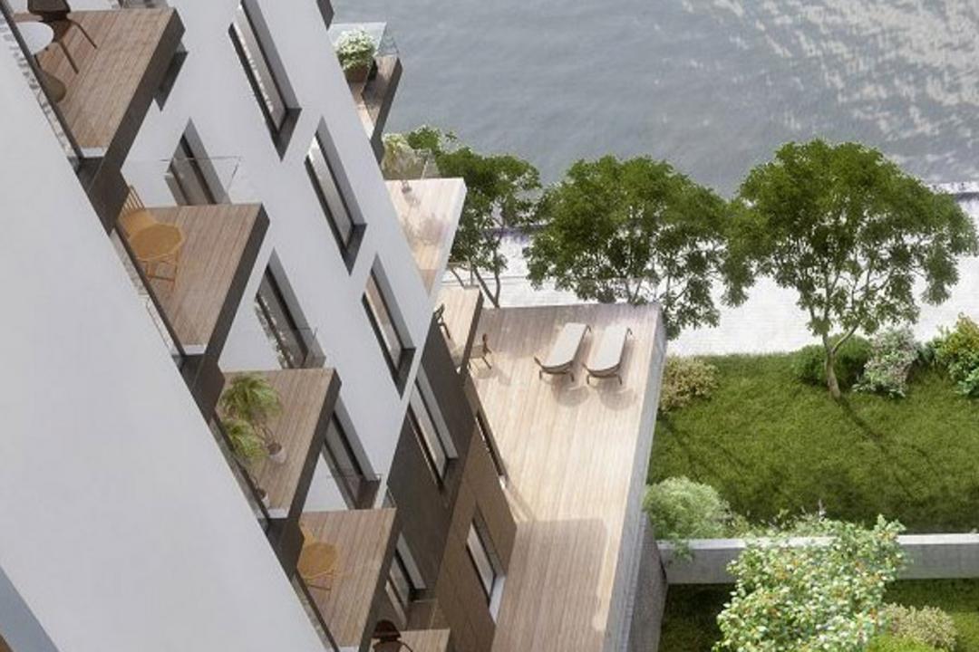 3D-Visualisierung einer Luftaufnahme eines modernen Wohnhauses mit Balkonen, großer Terrasse und Blick auf Wasser mit Uferbegrünung