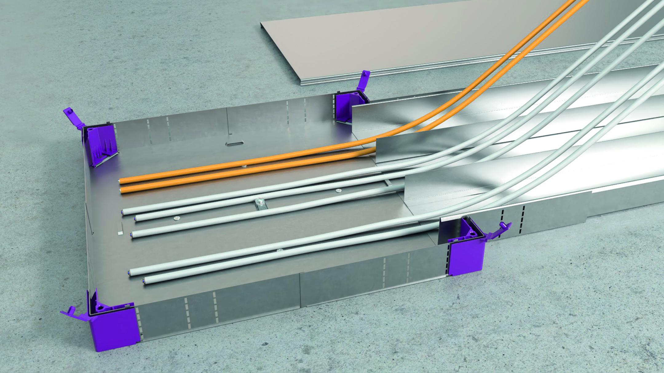 Unterflurkanal mit Trennstegen für getrennte Strom- und Datenkabel