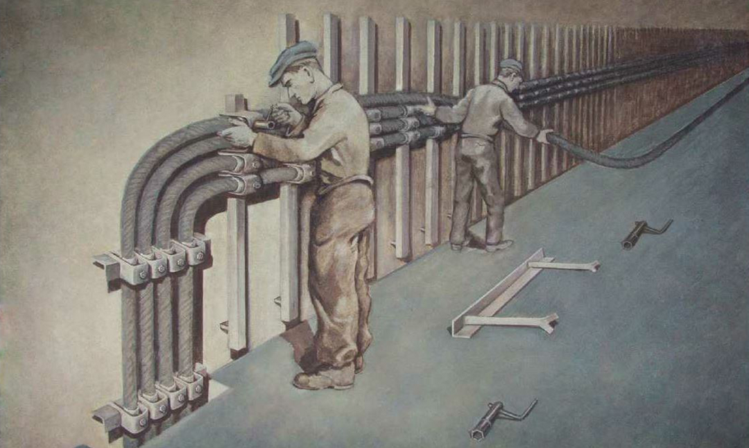 Zeichnung von Arbeitern bei der Kabelschellenmontage