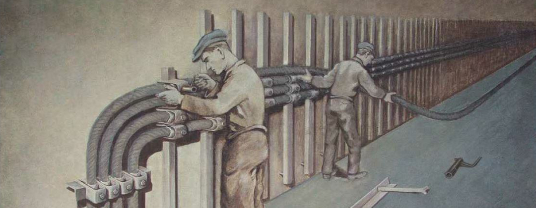 Zeichnung von Arbeitern bei der Kabelschellenmontage