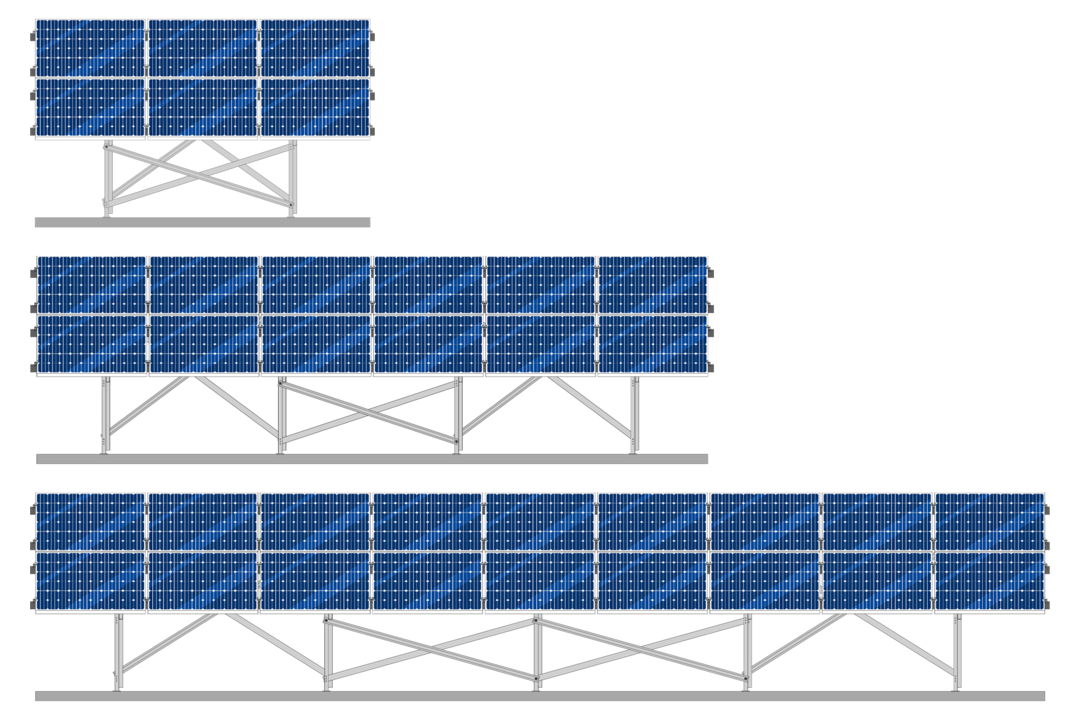 Drei PV-Unterkonstruktionen mit jeweils 6, 12 und 18 Solarmodulen in Ost-West-Ausrichtung, nebeneinander dargestellt im Vergleich.