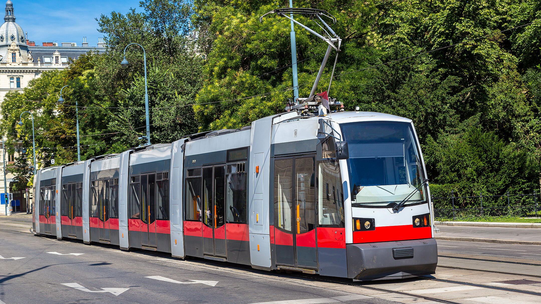 Grau-rote Straßenbahn vor einem begrünten Hintergrund, im Anschnitt sind eine Gebäude und blauer Himmel zu erkennen.