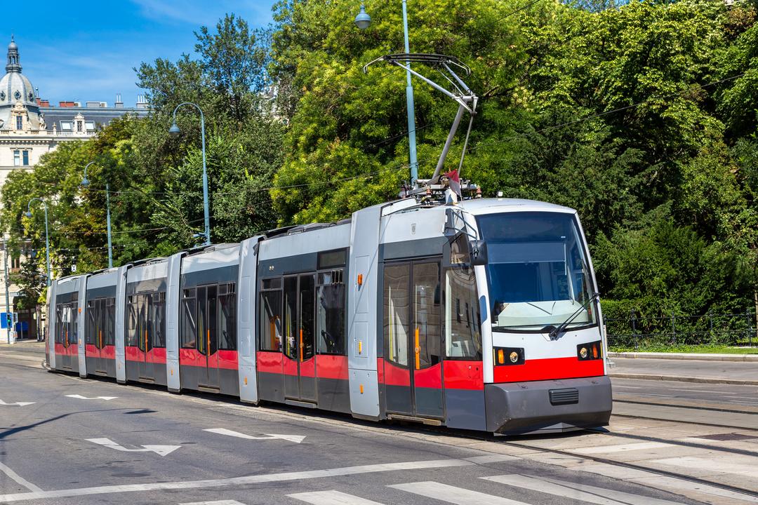 Grau-rote Straßenbahn vor einem begrünten Hintergrund, im Anschnitt sind eine Gebäude und blauer Himmel zu erkennen.
