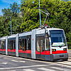 Grau-rote Straßenbahn vor einem begrünten Hintergrund, im Anschnitt sind eine Gebäude und blauer Himmel zu erkennen.