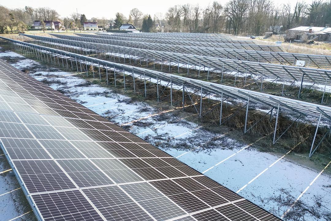 Solaranlage mit Reihen von Solarpanelen auf Stützprofilen, teils schneebedeckter Boden, umgeben von Bäumen und Gebäuden