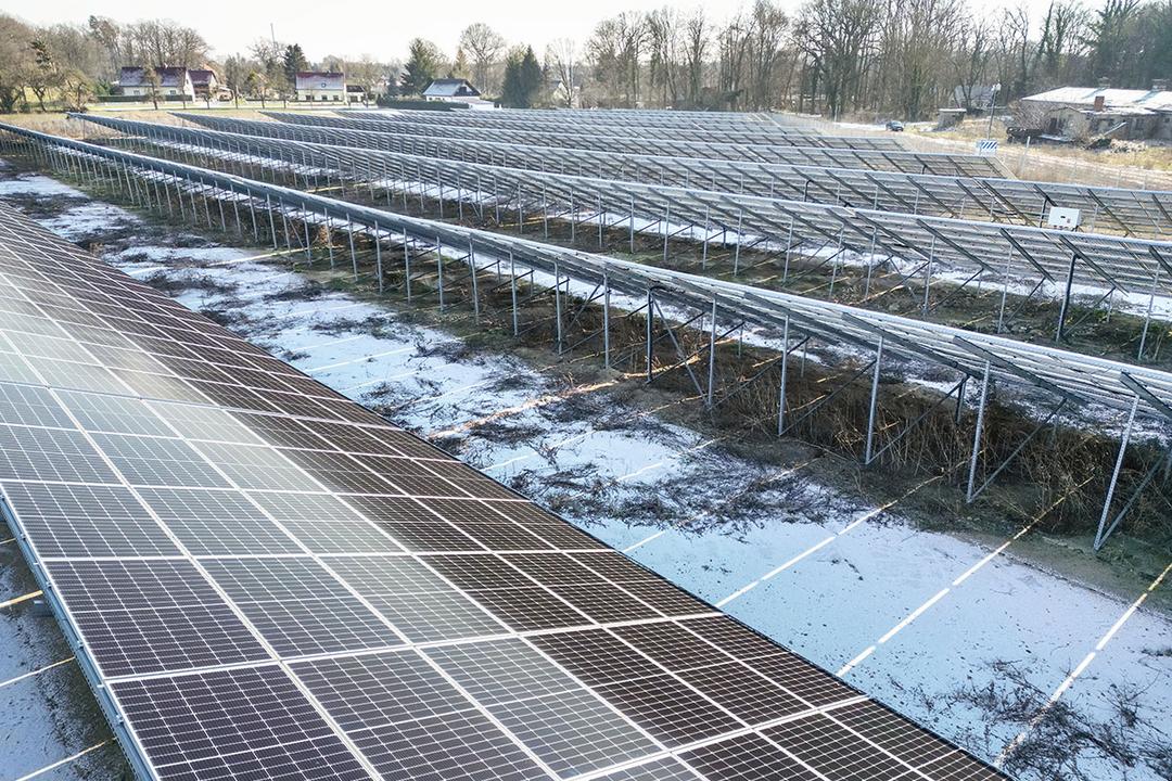 Solaranlage mit Reihen von Solarpanelen auf Stützprofilen, teils schneebedeckter Boden, umgeben von Bäumen und Gebäuden