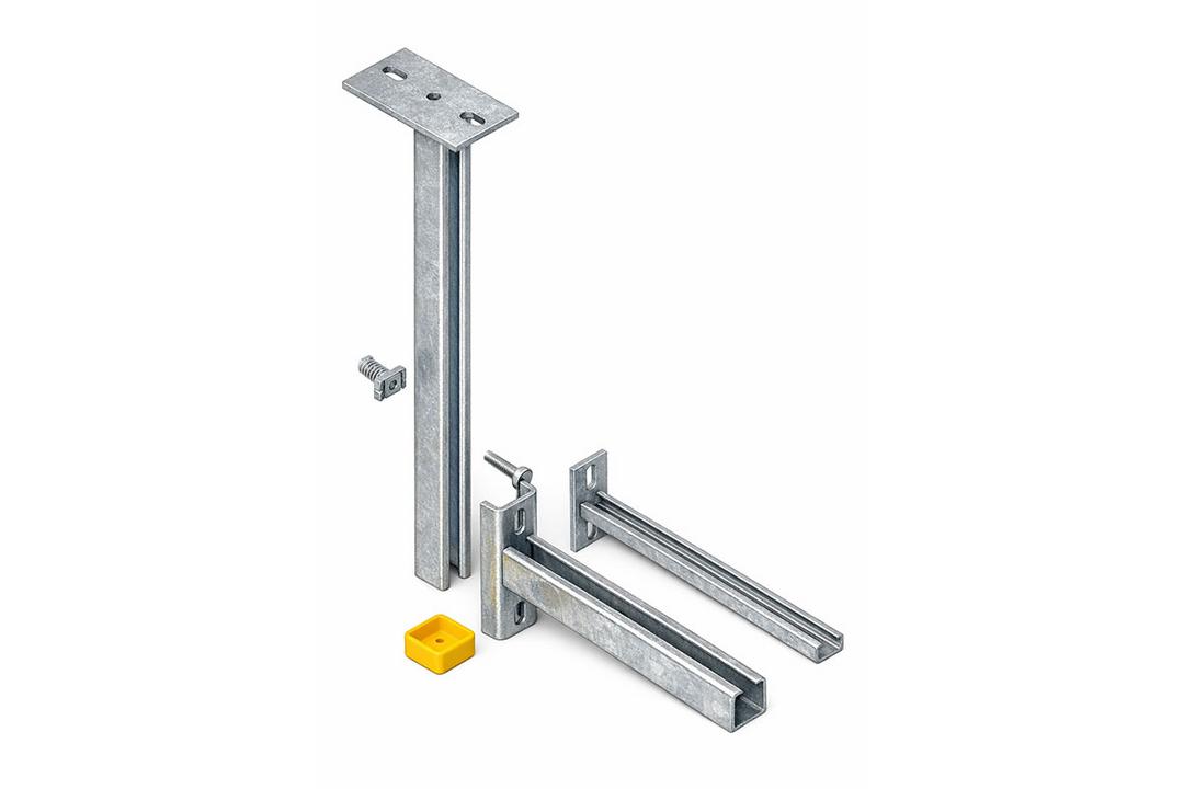 Montagekomponenten aus verzinktem Stahl für Kabeltragsysteme mit Montageschiene, Ausleger, Schraube und gelber Schutzkappe.