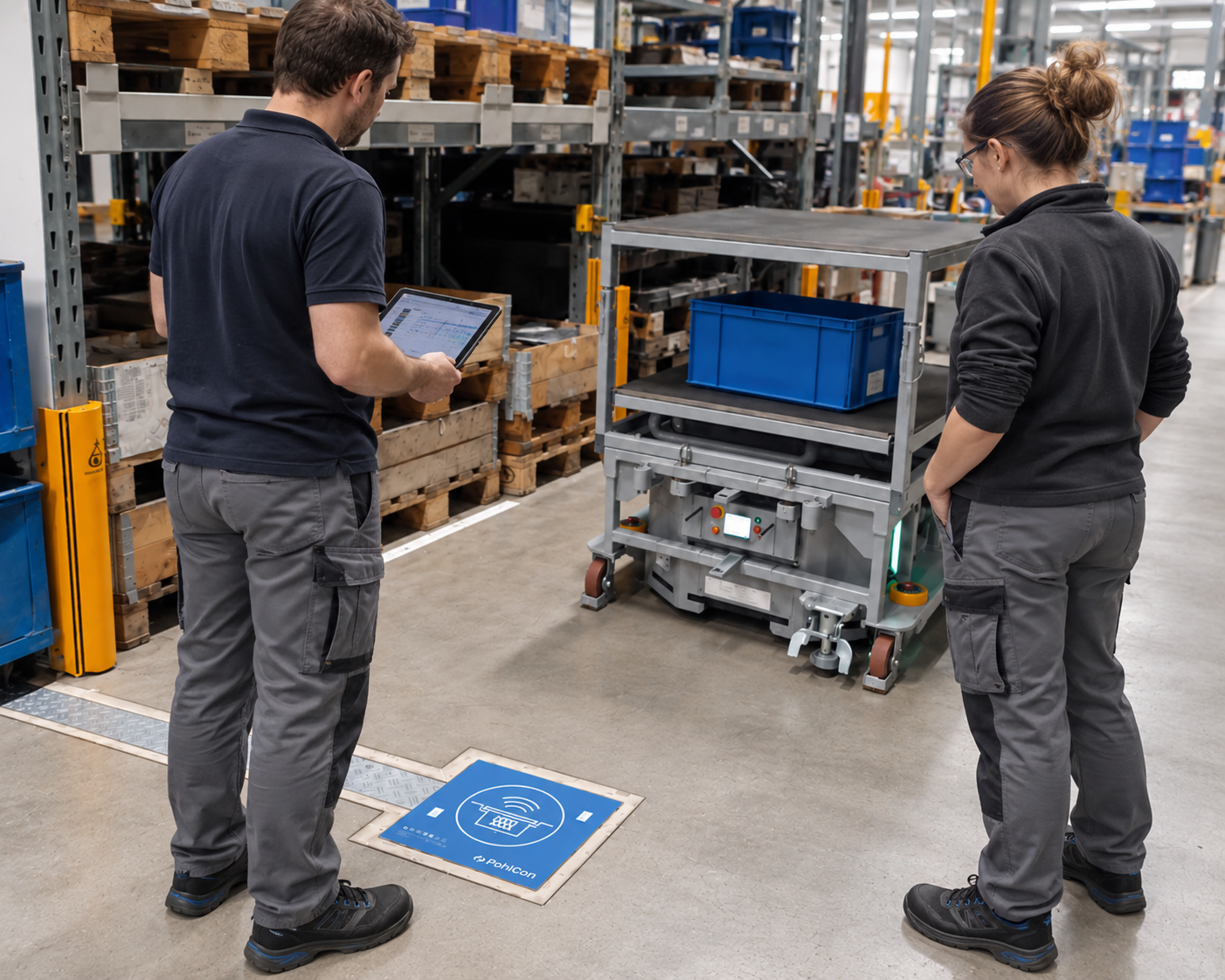 Zwei Mitarbeitende prüfen einen AMR mit WCPS-Ladefläche im Lager
