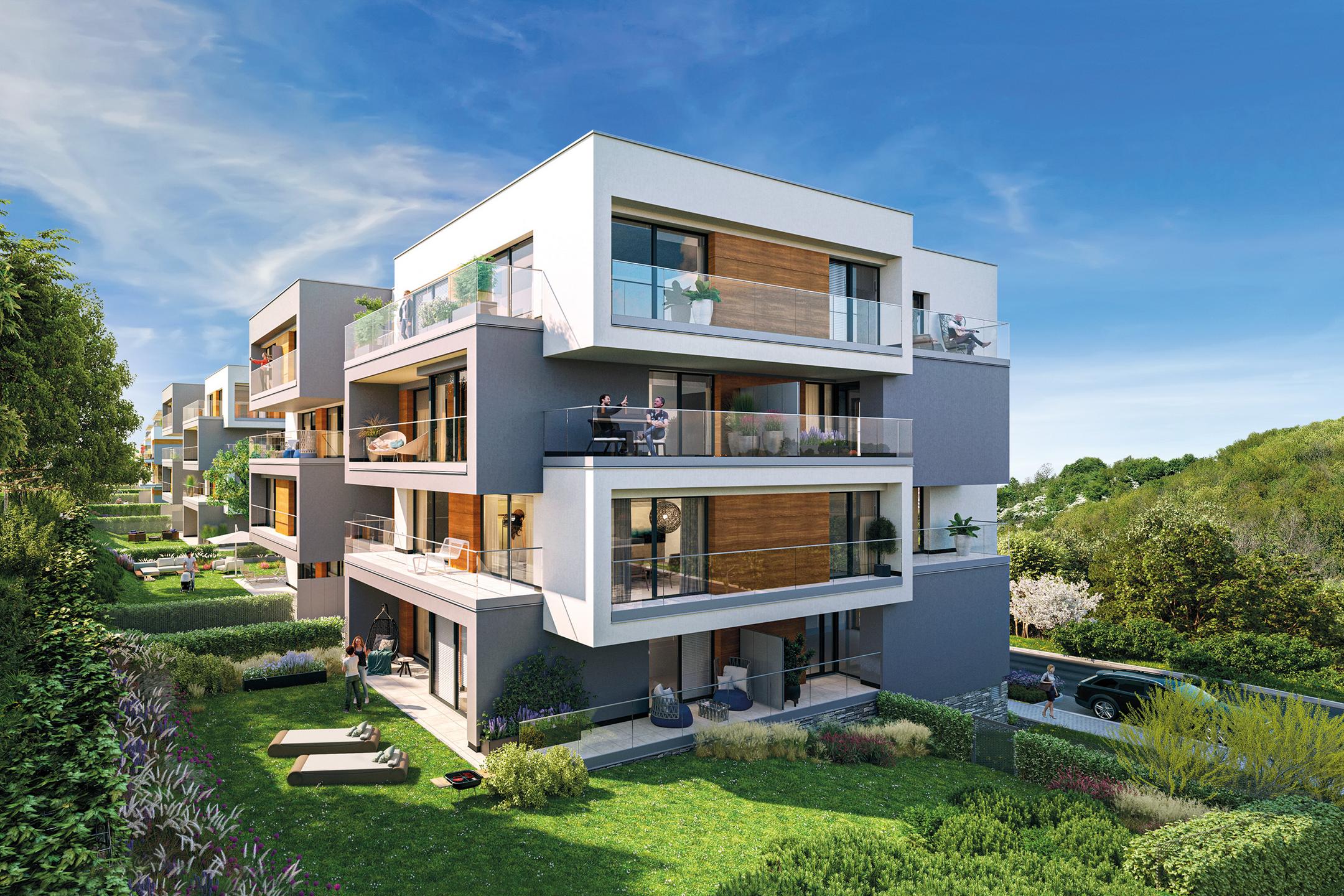 Moderne Wohnanlage mit grünen Außenflächen und Balkonen, umgeben von Natur, dargestellt in einer 3D-Visualisierung