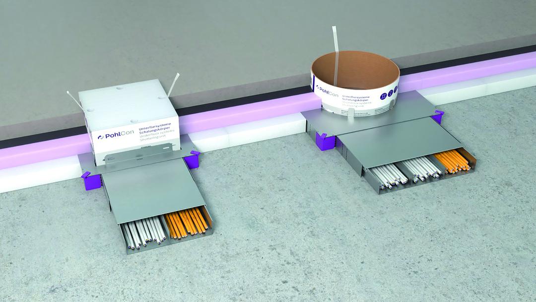 Unterflursystem Bodenkanal mit Bodendose und Kabeln für Strom und Daten