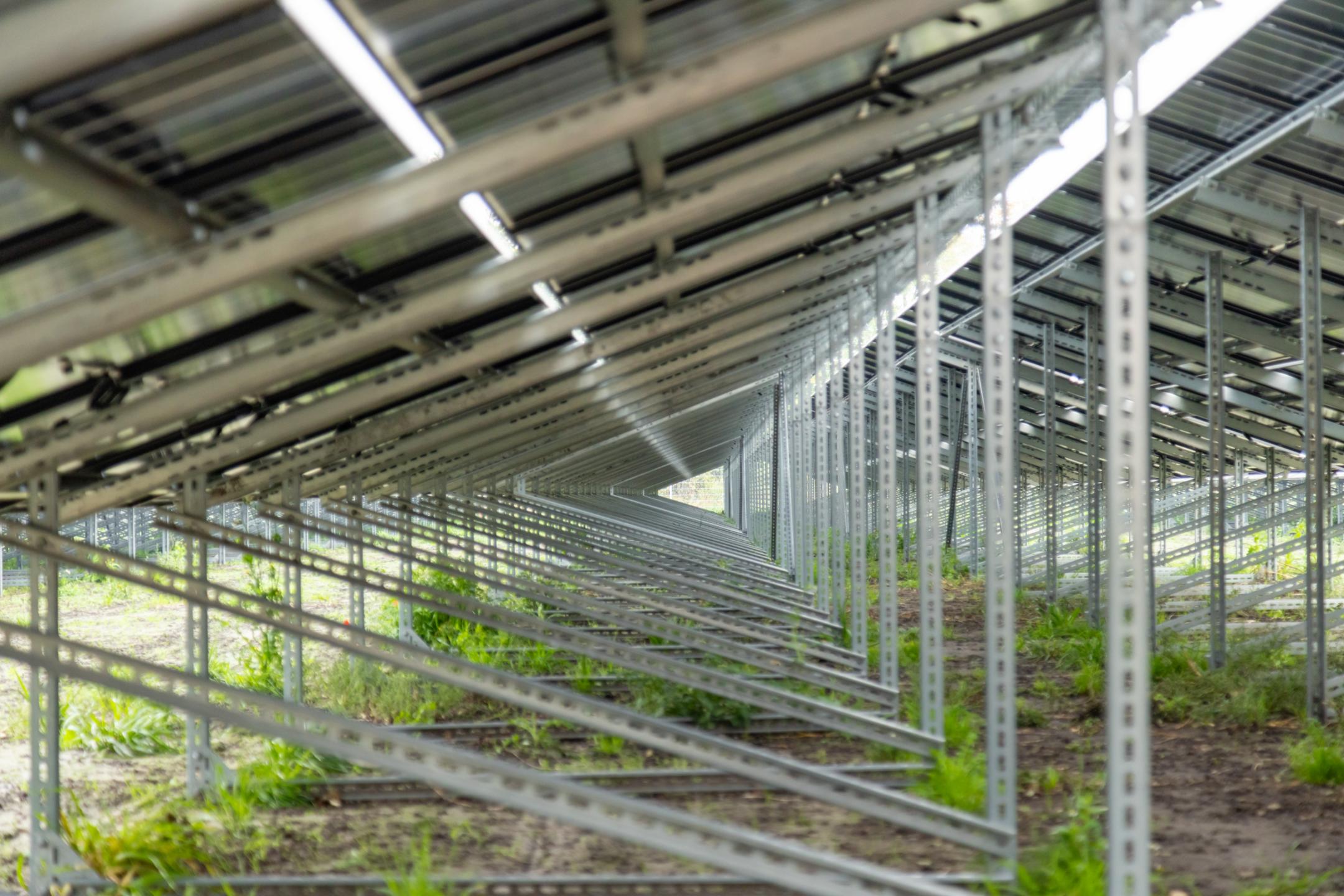 Detailaufnahme durch die Profilschienen einer Unterkonstruktion für Solarmodule.