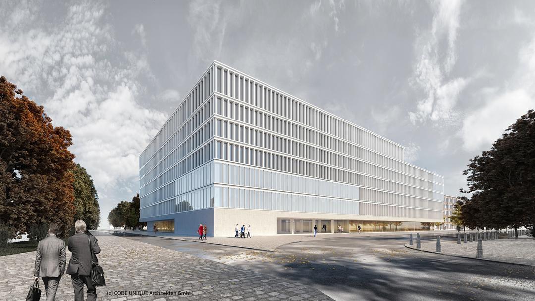 3D-Visualisierung eines Gebäudes vor bewölktem Himmel, im Vordergrund gehen Menschen, Bäume sind rechts und link erkennbar