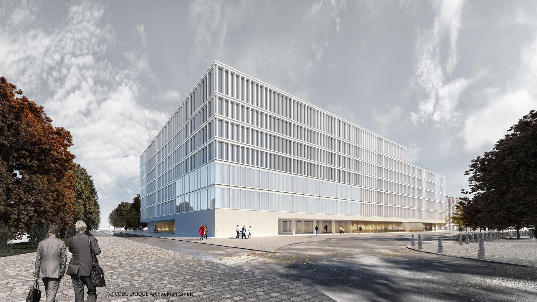 3D-Visualisierung eines Gebäudes vor bewölktem Himmel, im Vordergrund gehen Menschen, Bäume sind rechts und link erkennbar