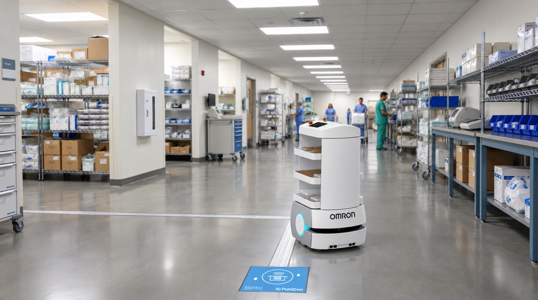 Autonomer OMRON-Roboter über einer kontaktlosen WCPS-Ladestation im Krankenhausflur
