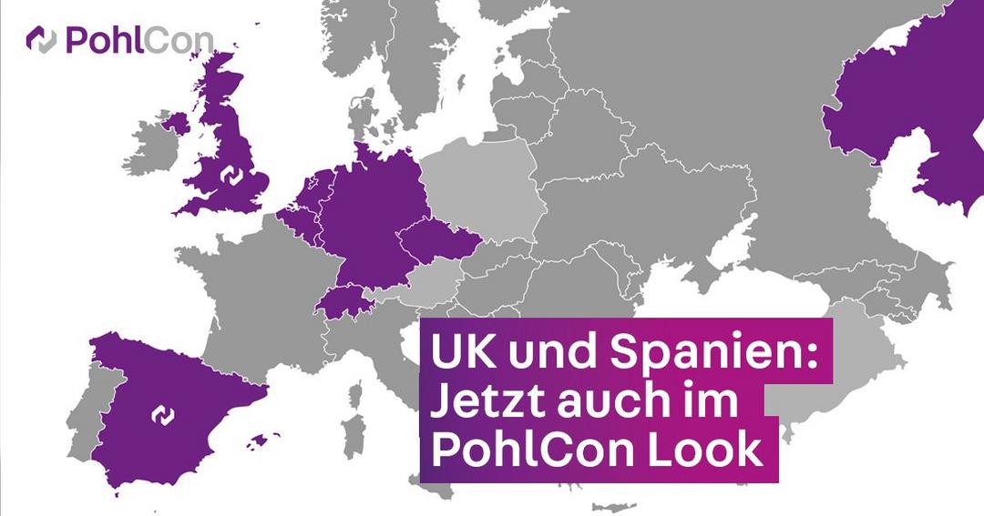 Europakarte, auf der Spanien und das Vereinigte Königreich lila eingefärbt und mit PohlCon-Logo versehen sind