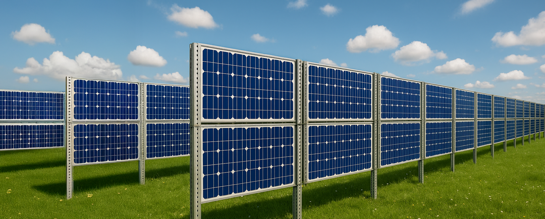 Reihenweise installierte vertikale Solarzaunelemente auf grüner Wiese unter blauem Himmel mit weißen Wolken.