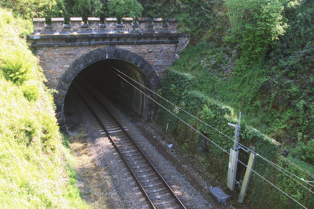 Bahntunnel aus Stein mit elektrifizierten Gleisen, umgeben von bewachsenem, grünem Hügelgelände im Sonnenlicht
