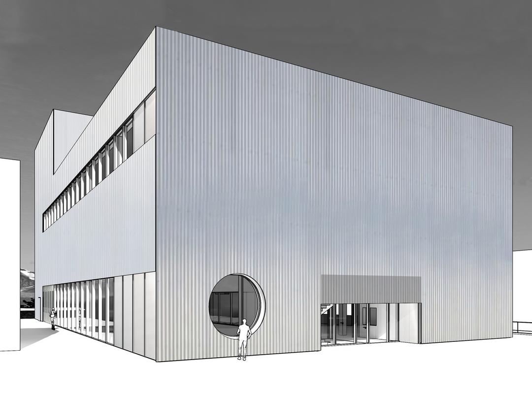 Visualisierung eines modernen Gebäudes mit gerippter Metallfassade, runden und rechteckigen Fenstern und klaren Linien